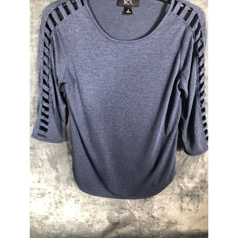 BCX Shirt Woman’s Blouse Lattice Cut Out Sleeves Size Adult Small Slate Blue - Picture 3 of 8